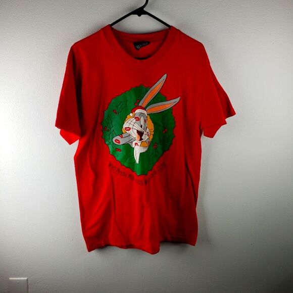 Vintage Y2K 90's Red Bugs Bunny Mistletoe Toe Graphic Christmas Shirt Size Large - Picture 1 of 6